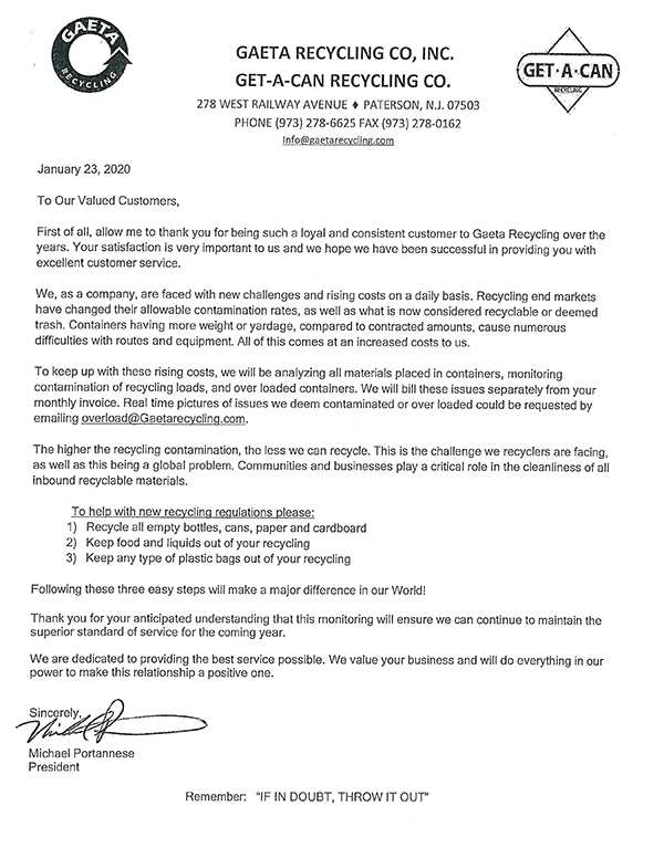 Notice regarding recycling dated January 23, 2020